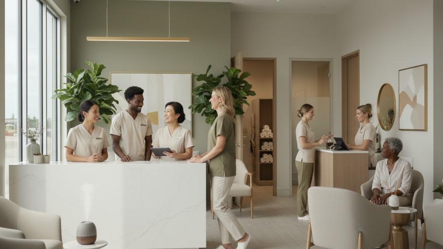 Warm interaction among diverse staff and clients in an upscale med spa.