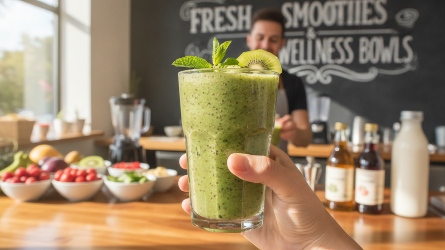 Hand holding a green smoothie at a healthy smoothie bar in Sacramento.