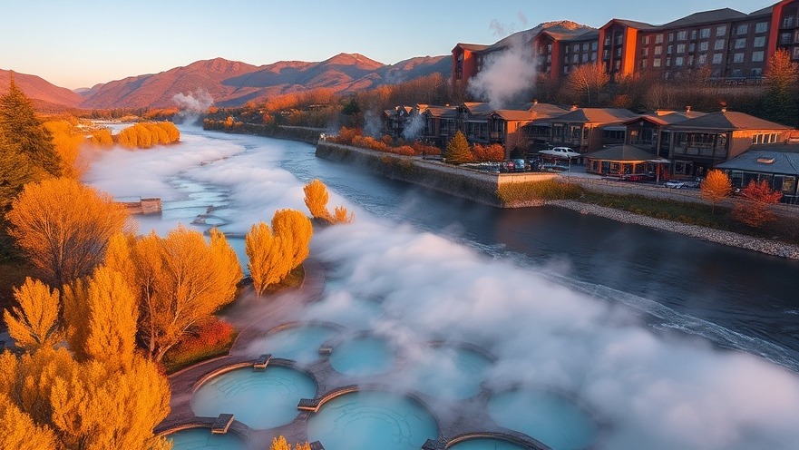 Dusk at the resort with hot spring pools, autumn trees, and mountain backdrop.