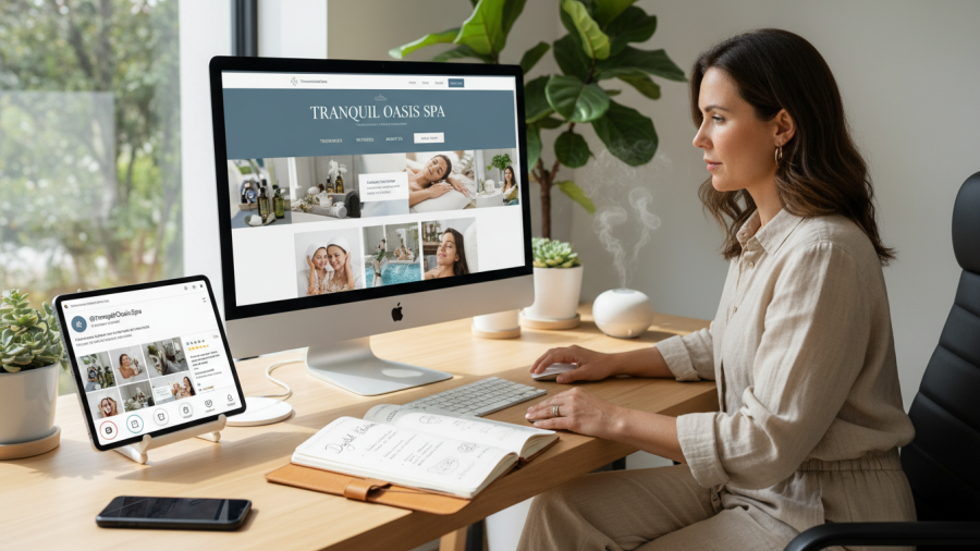 Spa owner reviewing digital branding assets at modern desk, enhancing online presence.