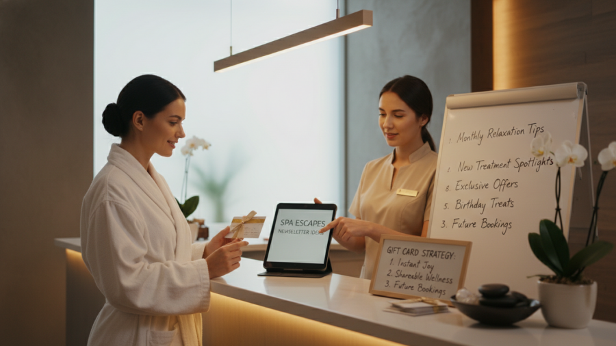 Relaxed client at spa reception desk with a gift card, perfect for email newsletter ideas.