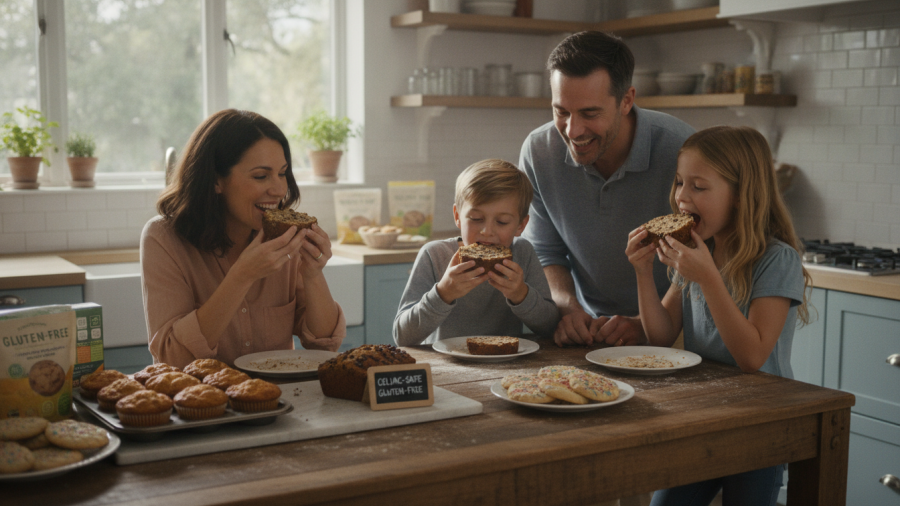 Family enjoying celiac-safe baked goods in a bright kitchen setting.