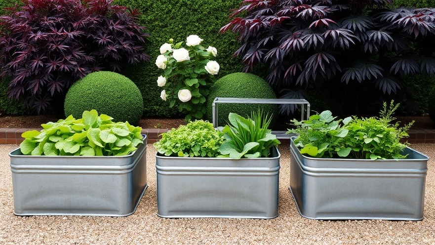 Galvanized metal raised garden beds with lush vegetables and herbs in a stylish outdoor space.