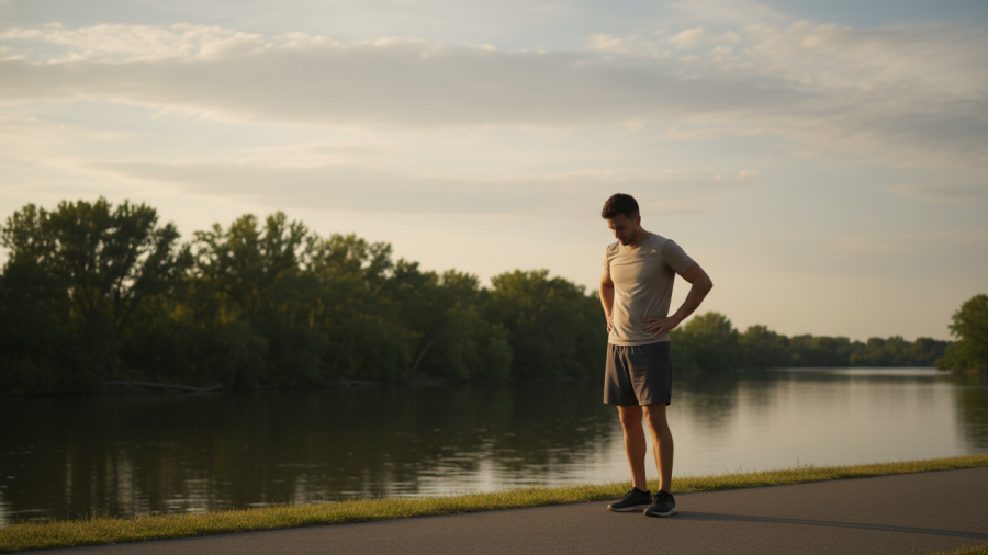 Quiet reflection after workout by Sacramento river, showcasing fitness motivation.