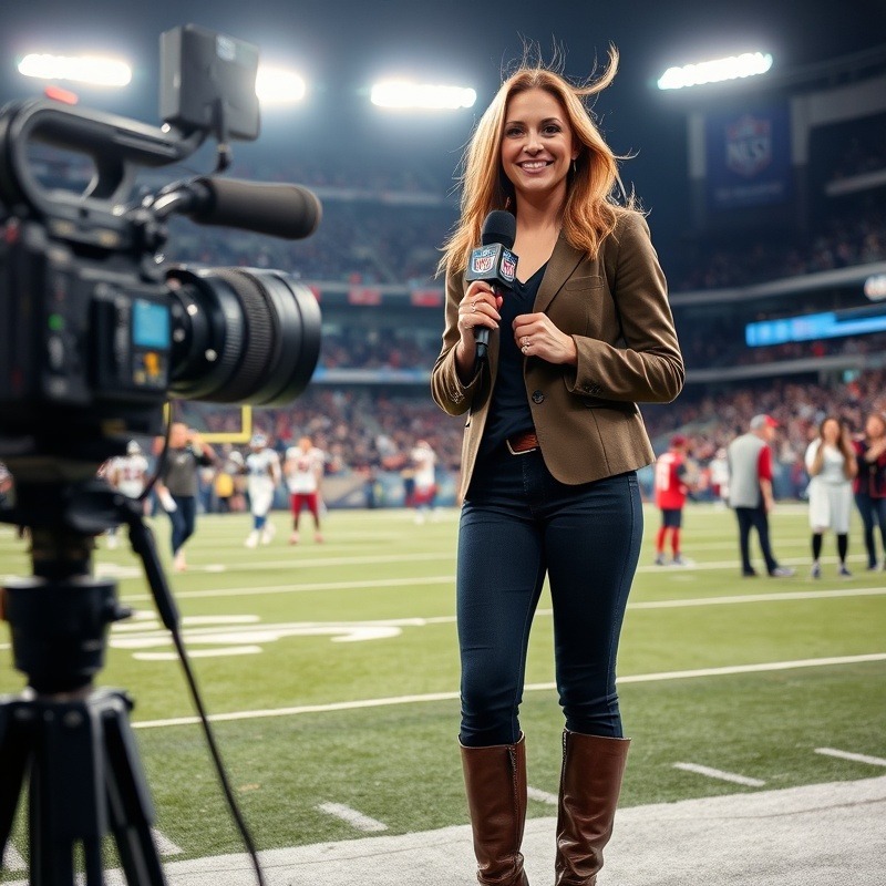 A sideline NFL reporter is standing confidently in front of a professional-grade video camera.