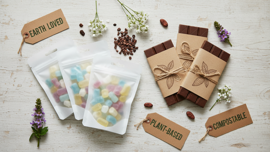 Eco-friendly candy packages showcasing sustainable candy in compostable wrappers.