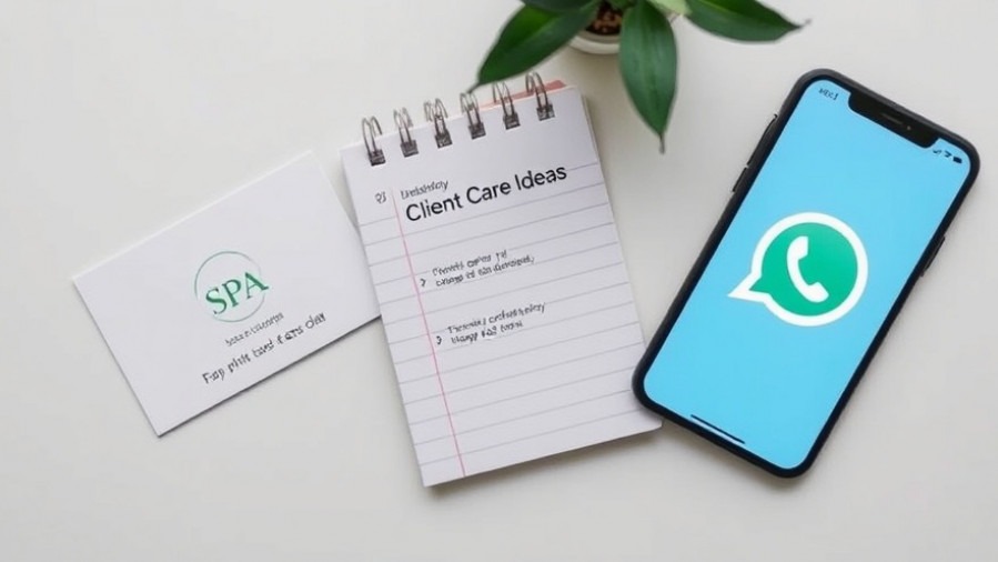 Serene desk setup with spa card, client care notebook, and minimalist WhatsApp logo.