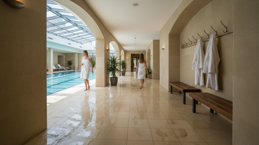 A serene view of Tacoma's women-only Korean spa, showcasing interconnected spaces and relaxation.