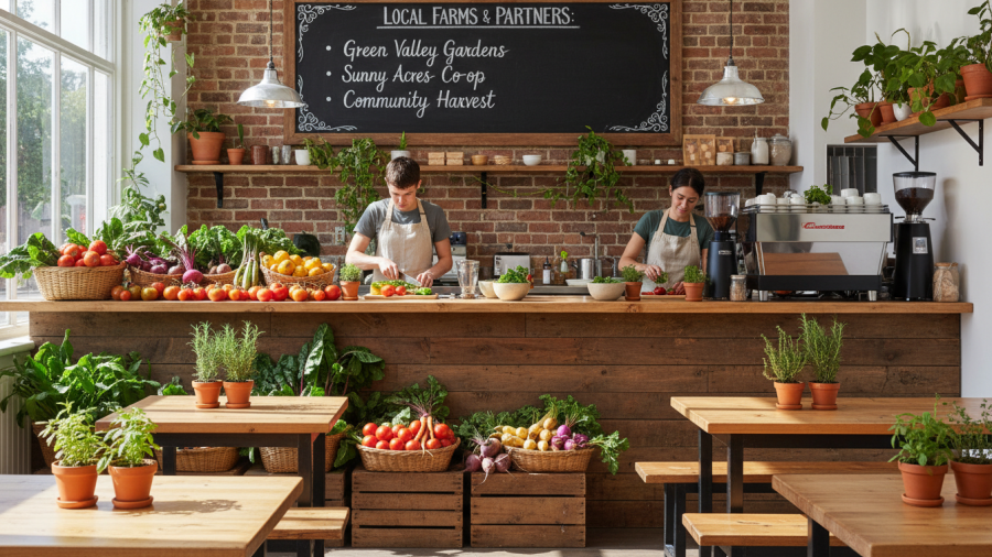 Warm plant-based café interior showcasing fresh produce and community spirit.