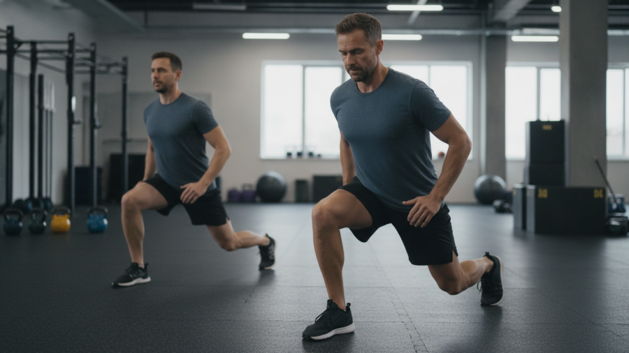 Two men performing reverse lunges, showcasing varying upper-body positions for knee health.