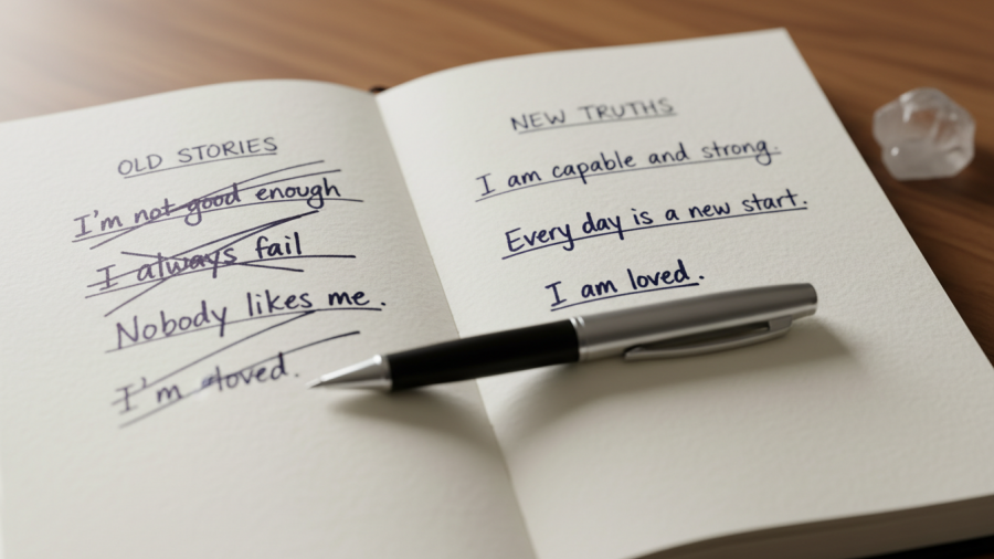 Close-up of a journal page highlighting negative self-talk crossed out and empowering reframes.