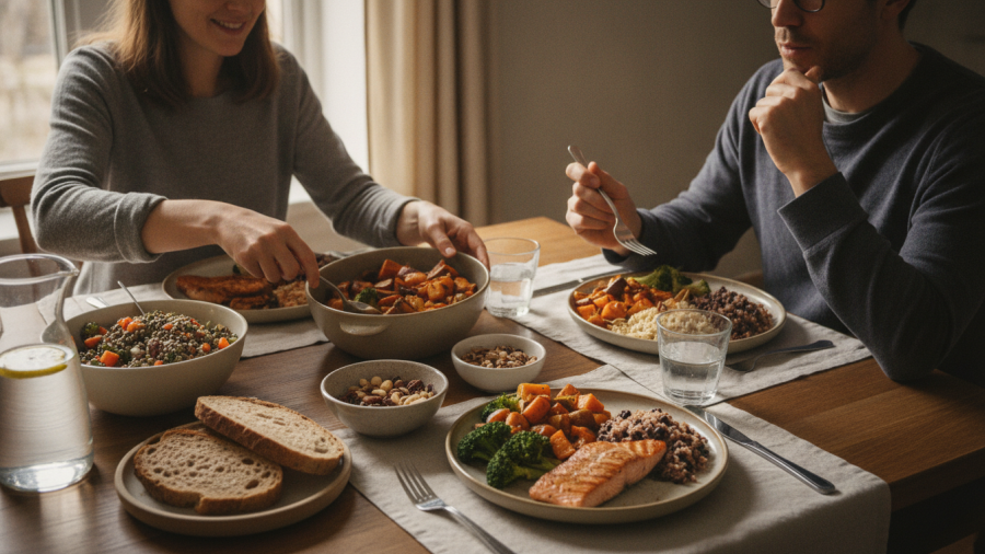 Balanced meal with moderate protein and vegetables, demonstrating healthy eating habits.