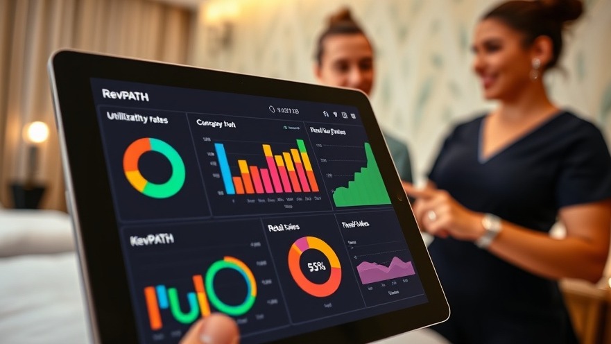 Close-up of a digital dashboard showing KPIs, with a spa director engaging therapists.