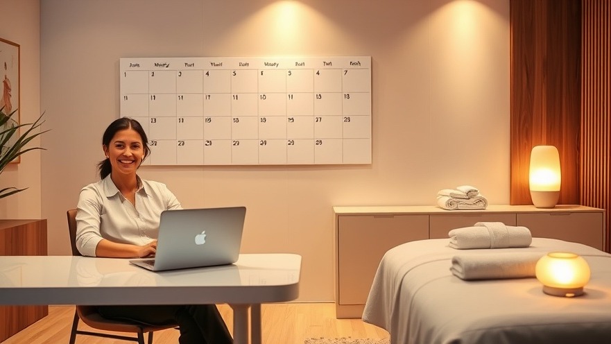 Spa owner using AI software at desk with treatment room in background, symbolizing time-saving benefits of automation in spa management.