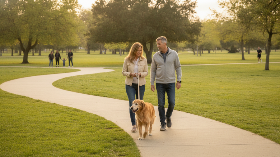 Couple walks a mature dog in a Sacramento park, showcasing healthy aging for dogs.