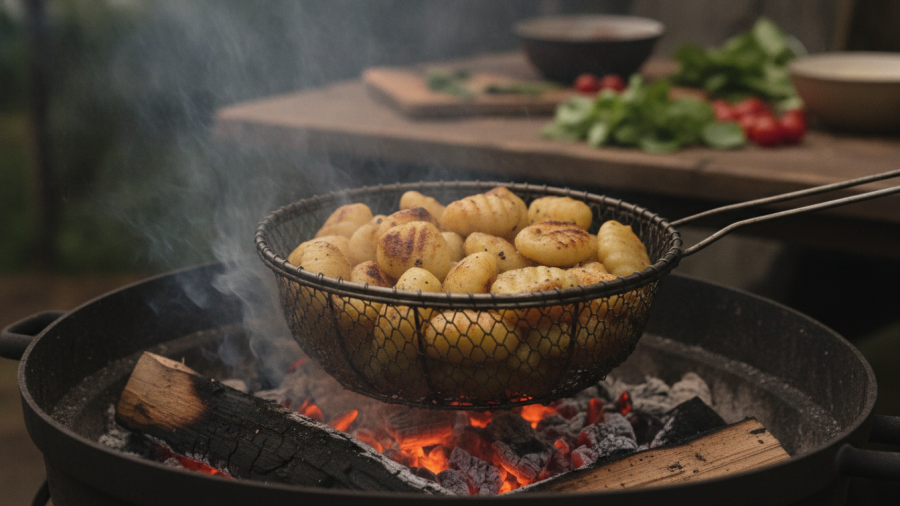 Live fire dining in Sacramento: gnocchi finishing over coals for smoky flavor.