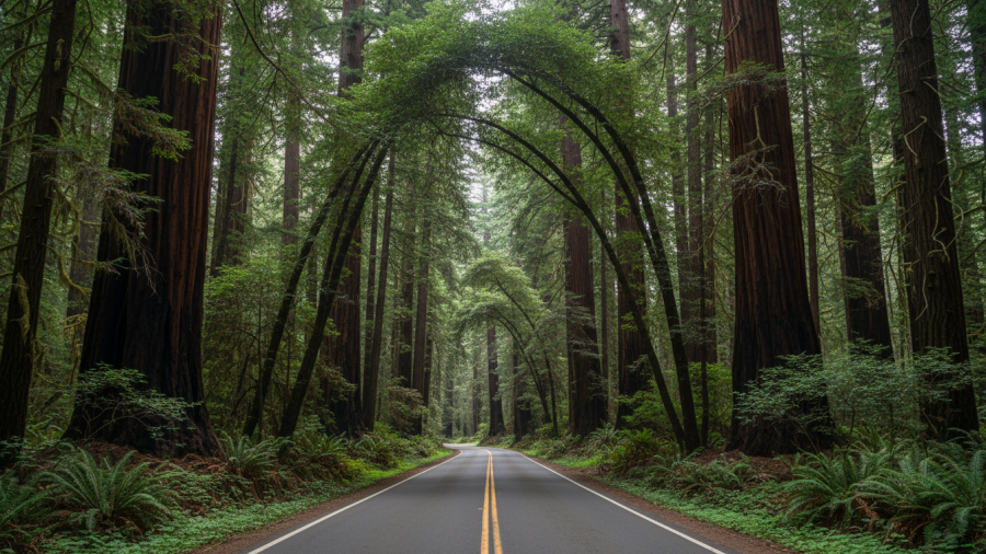 Northern California forest road with towering redwoods, showcasing the Redwood Skywalk's lush scenery.