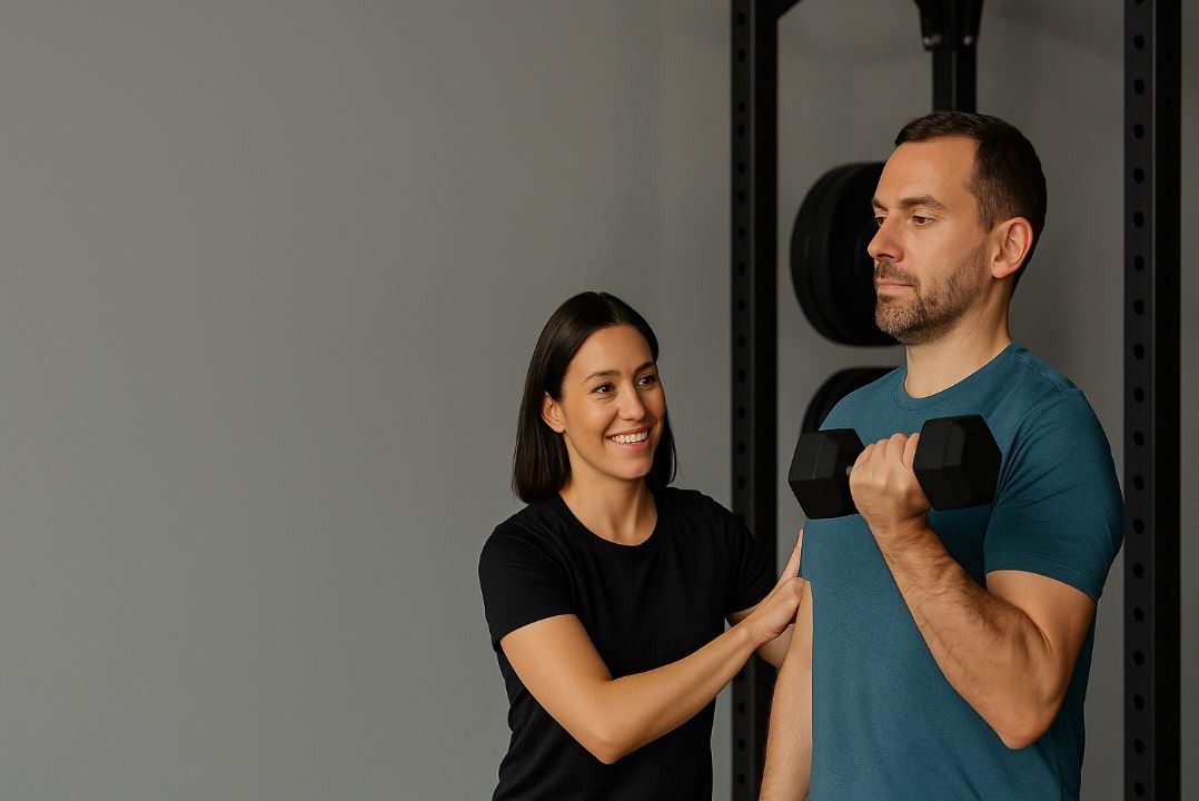 Personal trainer guiding client through customized workout in Sacramento fitness studio, emphasizing individualized support and expert methodology.
