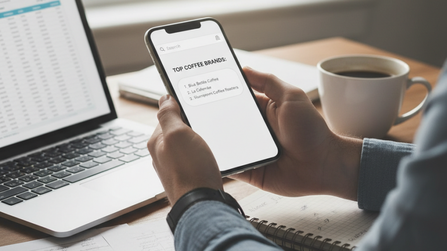 AI search analysis on smartphone shows brand recommendations, ideal for small businesses.