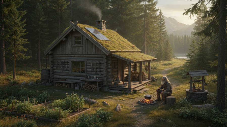 A self-built cabin exemplifying a sustainable lifestyle and eco-friendly living.