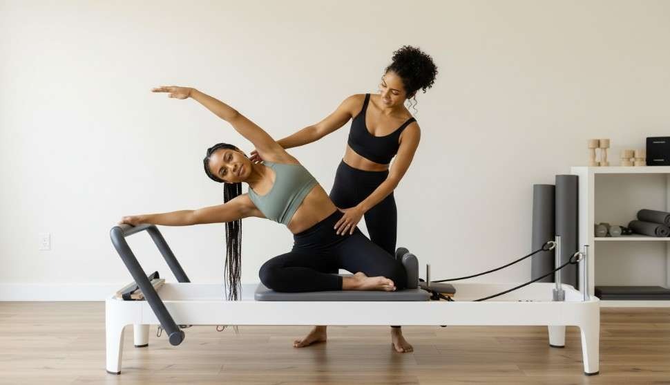 Engaged in a Pilates session, focusing on controlled movements and form.