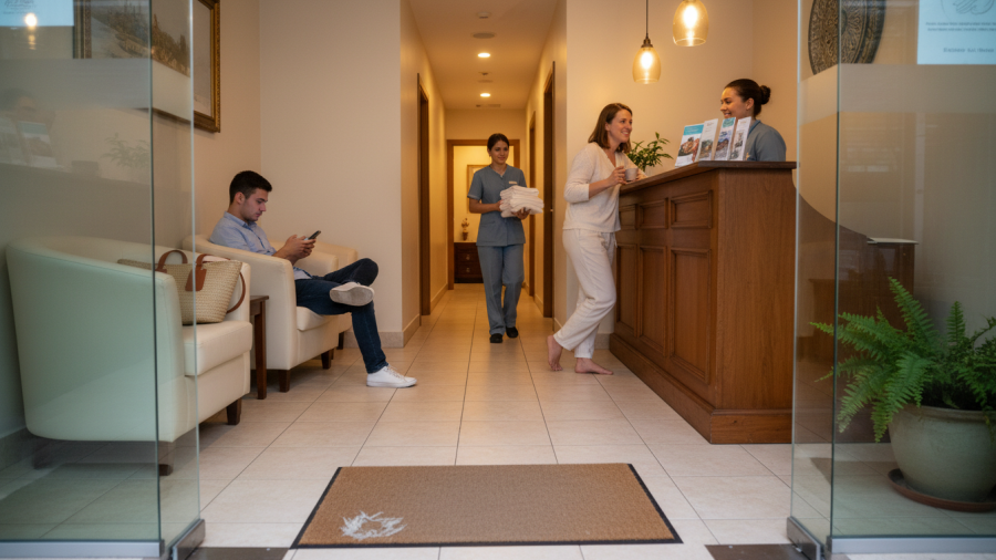 Welcoming spa reception in Keizer, showcasing professionalism and serene atmosphere.