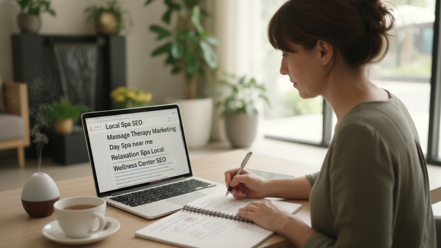 Spa marketing strategist brainstorming local SEO keywords with notepad and laptop.