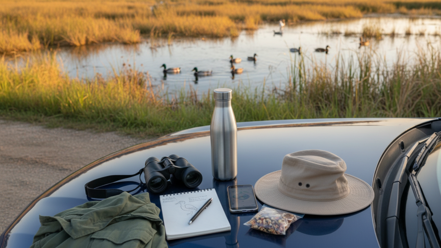 Flat-lay gear for birdwatching: binoculars, water bottle, notebook, and snacks.