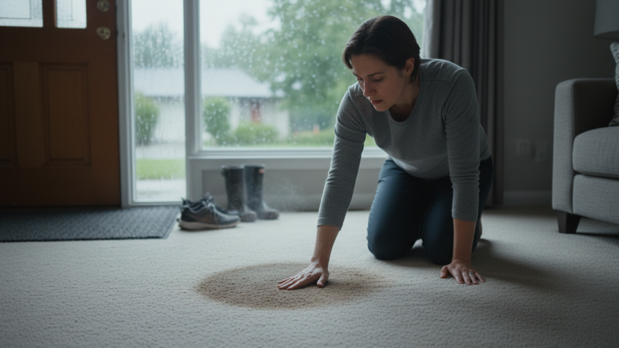 Moisture causing pet urine smell reactivation in freshly cleaned carpet.
