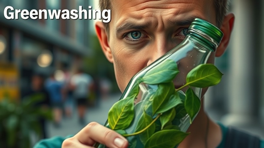Close-up of a concerned person with a plastic bottle surrounded by leaves, depicting greenwashing.