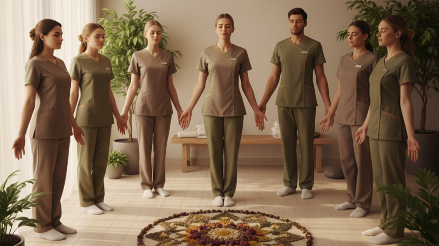 Spa team engaging in wellness routines, embodying unity and trust in personal growth.