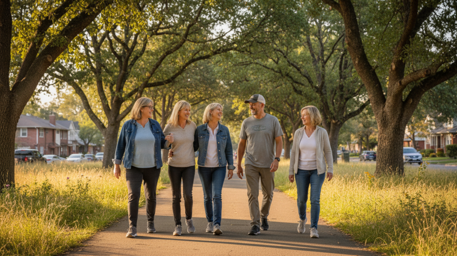 Mindfulness practices in Sacramento: adults enjoying functional movements together in nature.