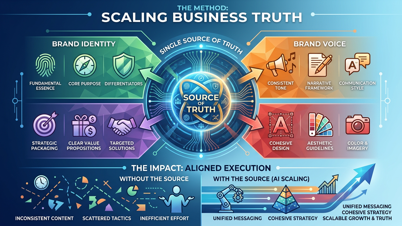 Infographic illustrating a “Single Source of Truth” business framework that aligns brand identity, brand voice, value propositions, and visual design around a central strategy. The diagram shows how unified messaging and cohesive branding lead to consistent execution, scalable growth, and improved business performance, while the absence of a central source of truth results in scattered tactics, inconsistent content, and inefficient efforts.