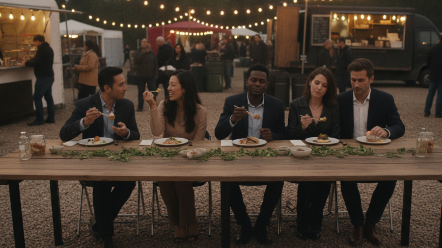 Communal table at food event with diverse couples enjoying creative dishes.