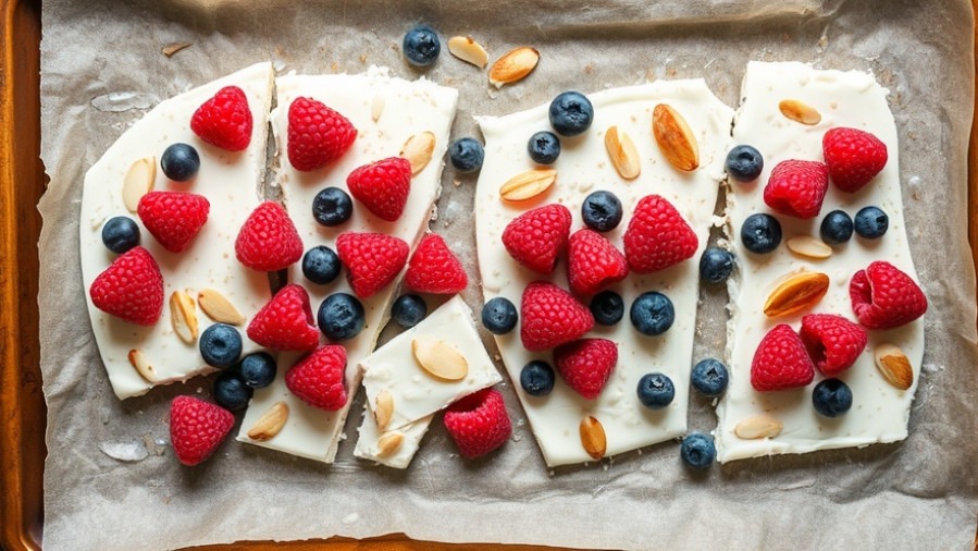 Frozen Greek yogurt bark with berries and almonds, ideal for nutritious snacking.