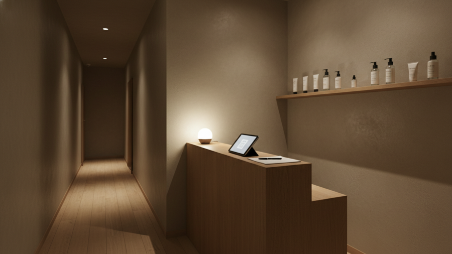 Welcoming spa reception area with warm lighting and skincare products.