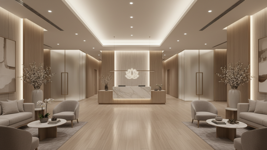 Luxurious spa foyer showcasing the Lavender Fields Collection with soothing ambiance.