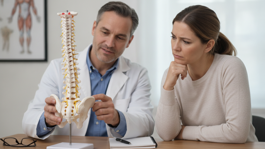 Healthcare practitioner using a spine model to explain the lower back and sciatic nerve to a patient