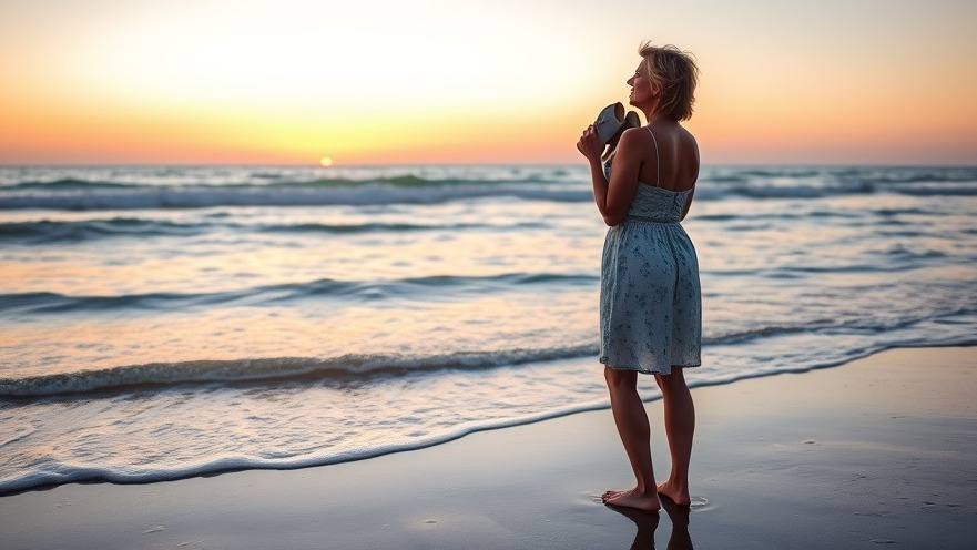 Woman embracing mind body connection for chronic pain relief at sunset beach.