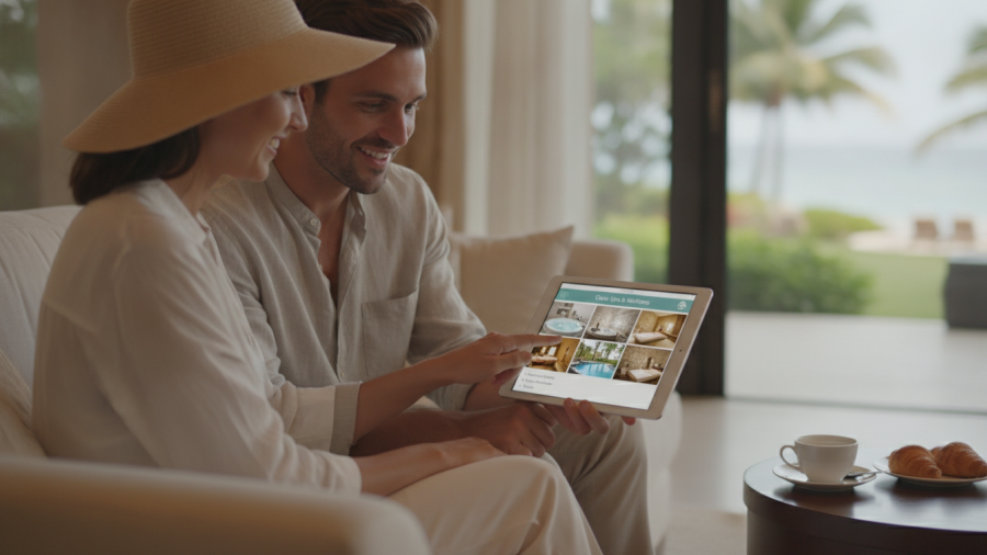Couple exploring AI business partner for spas on a tablet.
