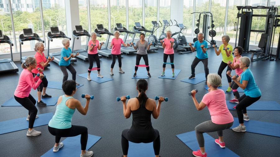 Diverse group of older adults in wellness fitness coaching in Sacramento.