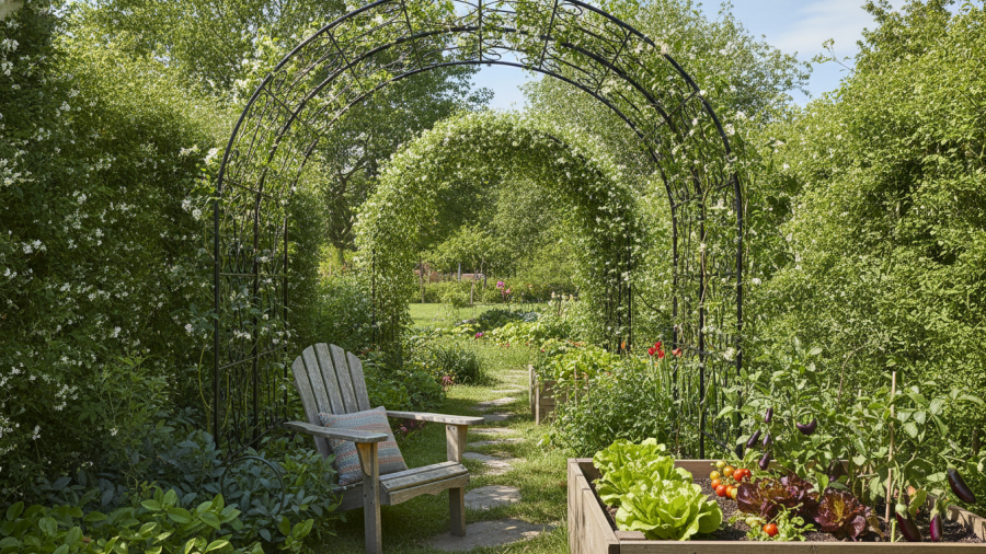 DIY arch trellis for Sacramento gardens creates a sheltered space for climbing vegetables.