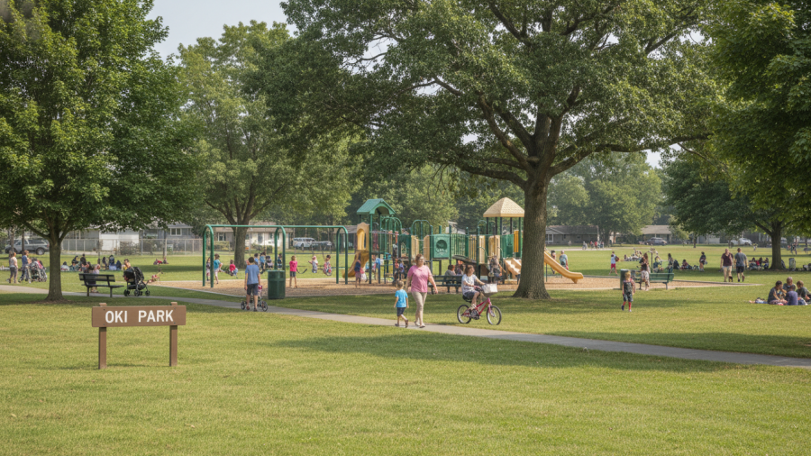 A welcoming view of Oki Park Sacramento, featuring families enjoying the dinosaur playground.