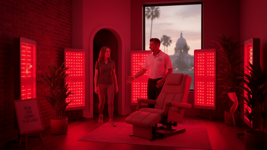 First time red light therapy session in Sacramento with welcoming therapist.