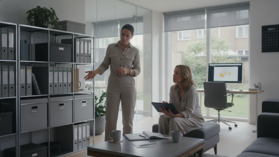 Home organizer discussing privacy concerns with a client in an organized space.
