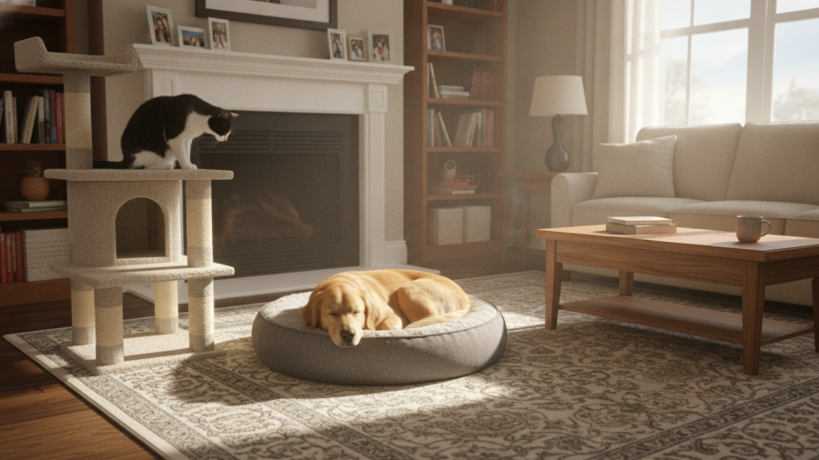 Dog and cat resting indoors, highlighting pet safety in Sacramento.