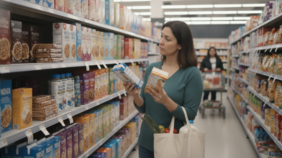 Grocery shopper comparing high-protein products, pondering protein needs in diet.