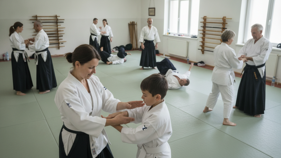 Multigenerational Aikido class in Sacramento, promoting teamwork and connection.