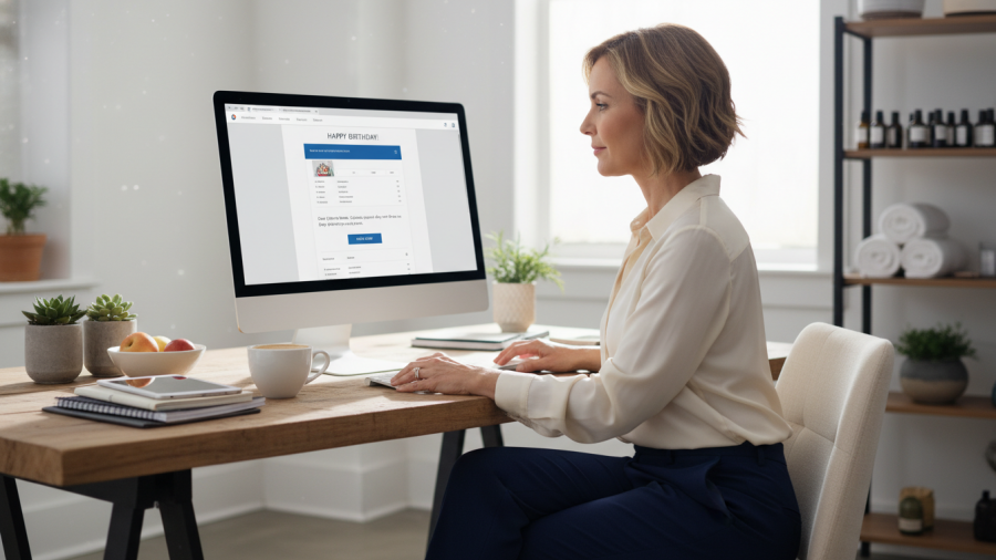 Spa owner in office crafting an email campaign for birthday greetings.