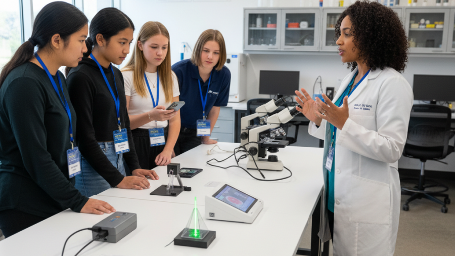 Teenage girls in STEM workshop explore medical spa innovation with lasers and devices.